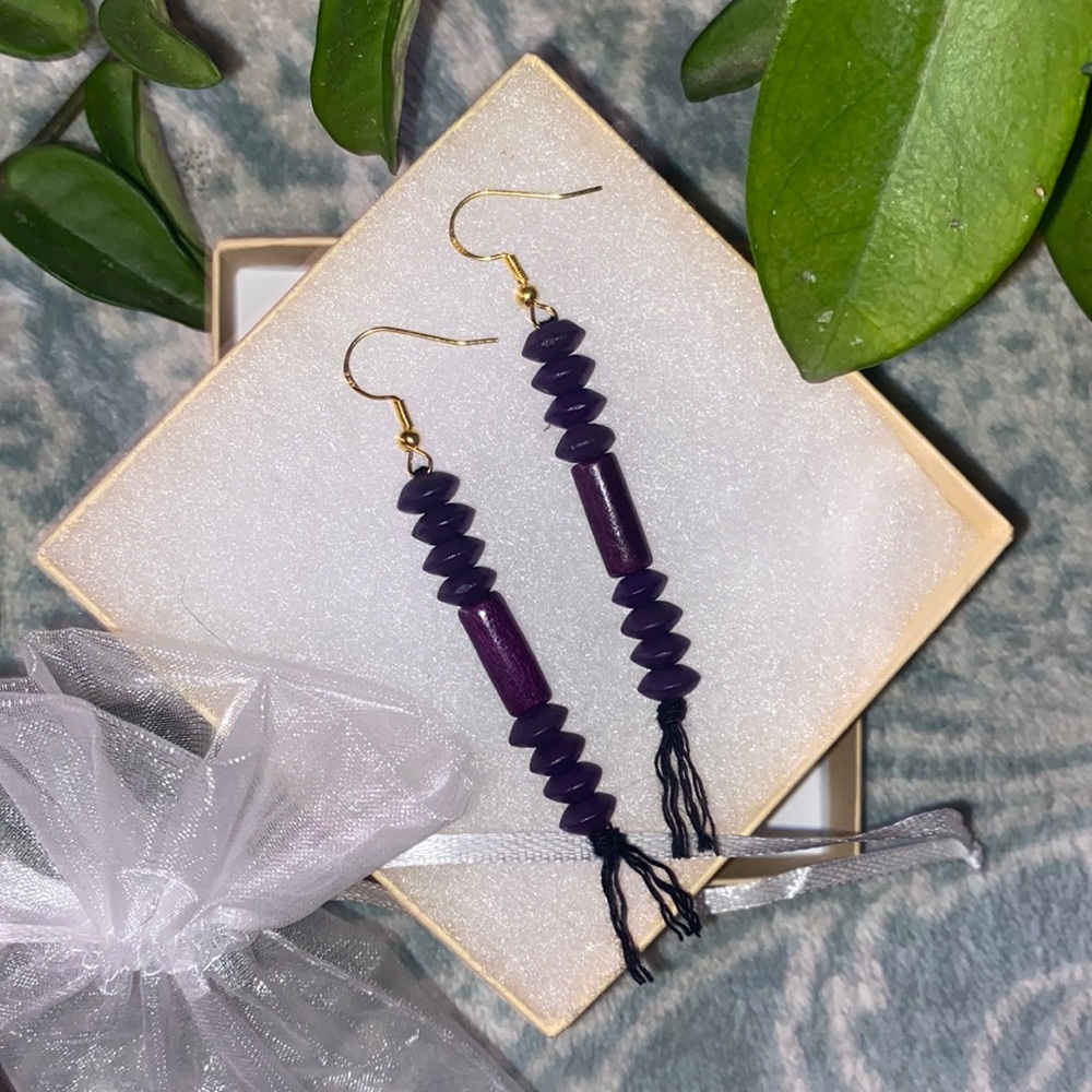 Purple Hand Crafted Macrame Tassel Fringe Earrings Wood Beaded Accents